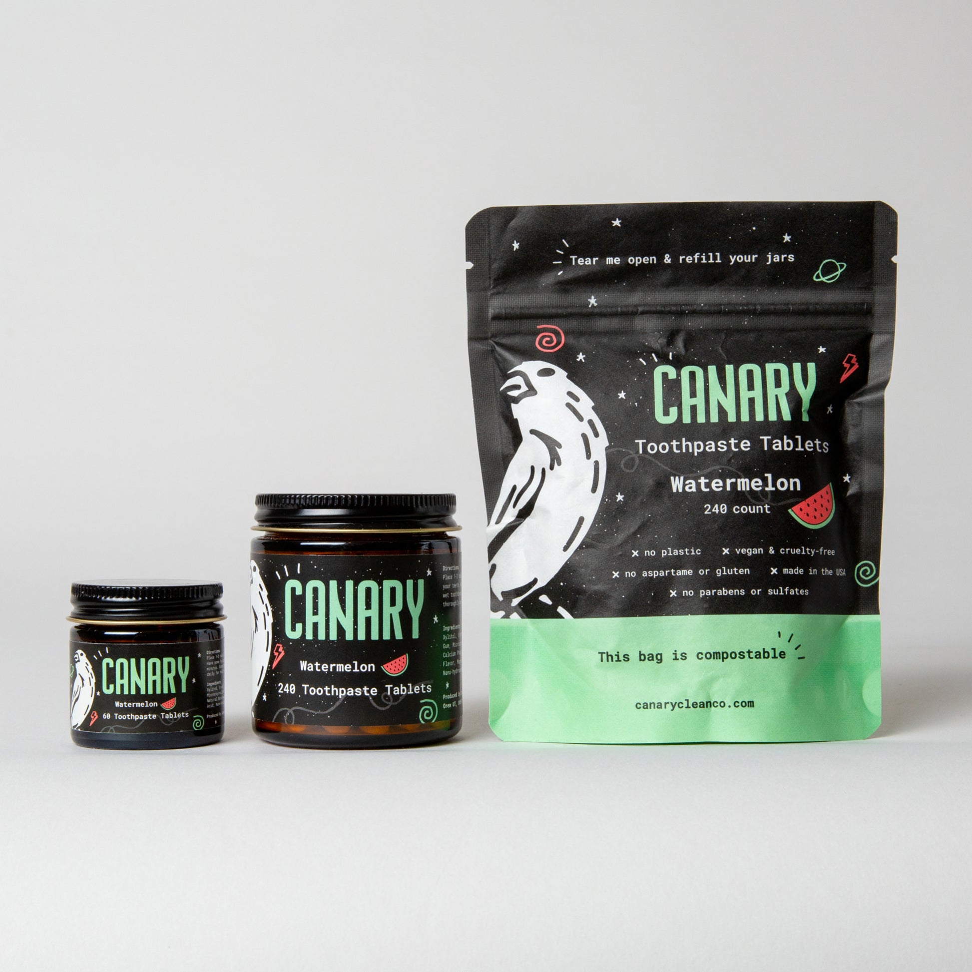 Canary Watermelon Toothpaste tablets in Jar and Pouch. 63 count and 240 Count. Plastic Free packaging, Eco-Friendly, and Vegan.