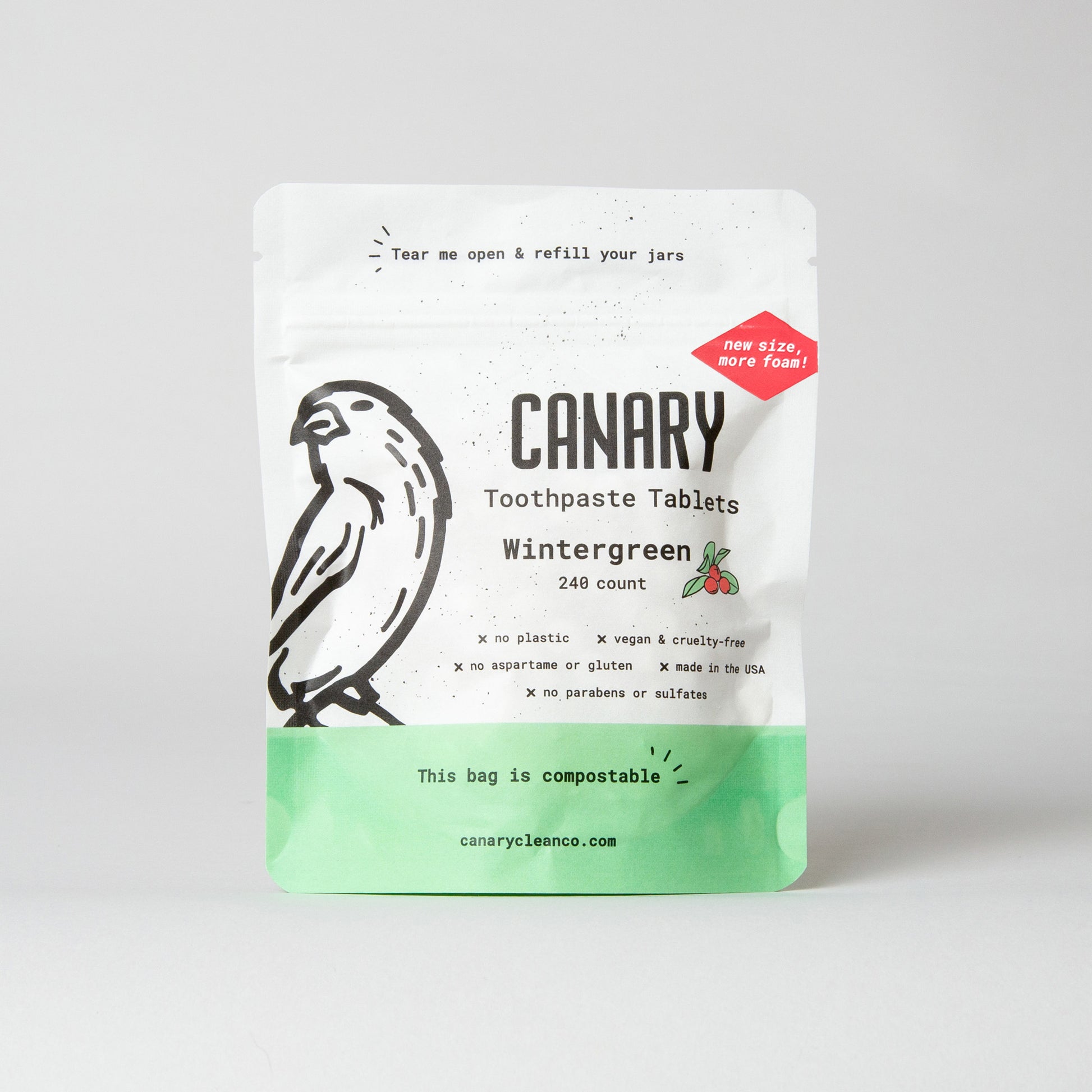 New and Improved Canary Wintergreen Toothpaste Tablets, 240 count compostable pouch, front view of the pouch