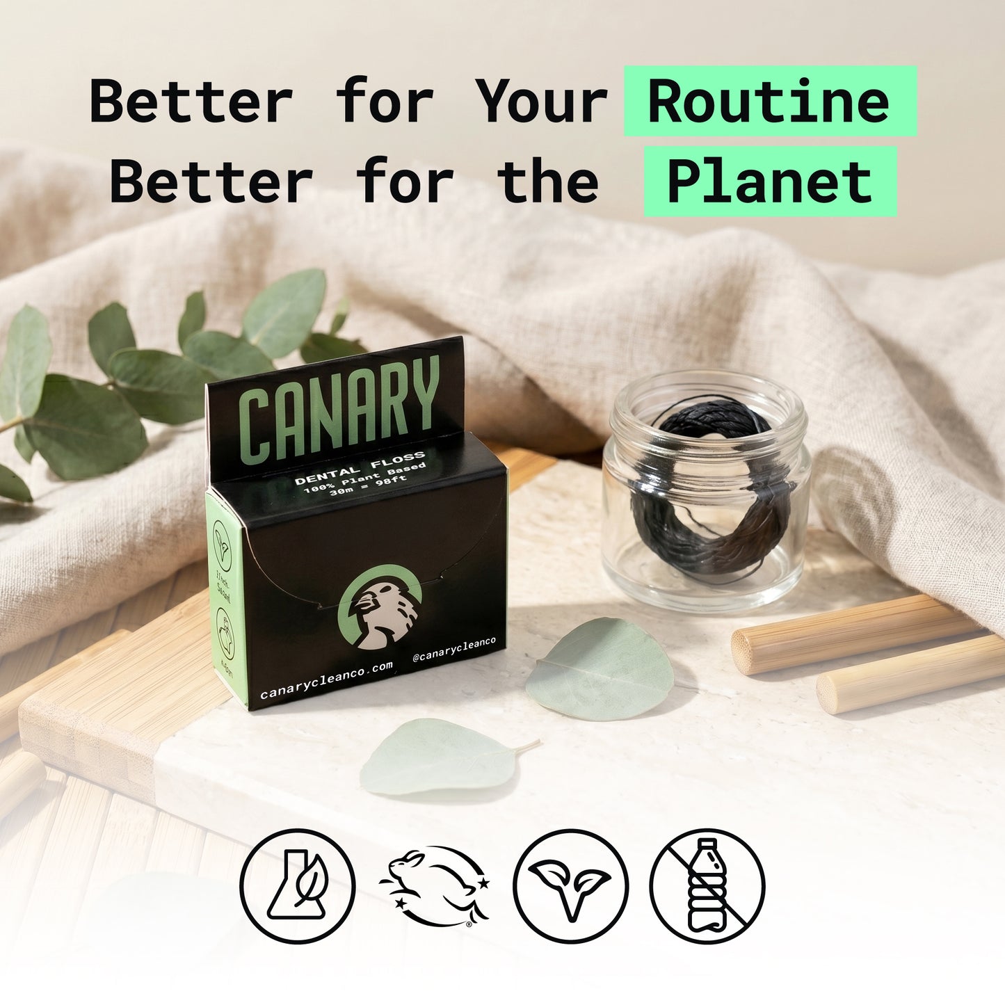 Canary Dental floss on bathroom sink with benefits and icons below on how it is made.