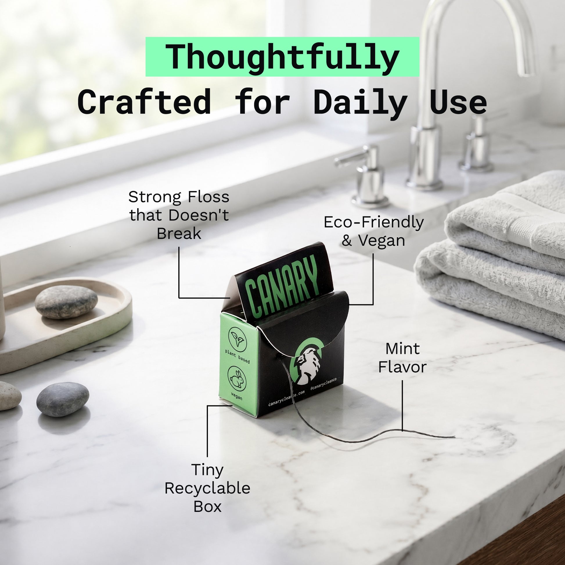 Canary Dental floss on a bathroom sink with text on screen mentioning the benefits of the product. 