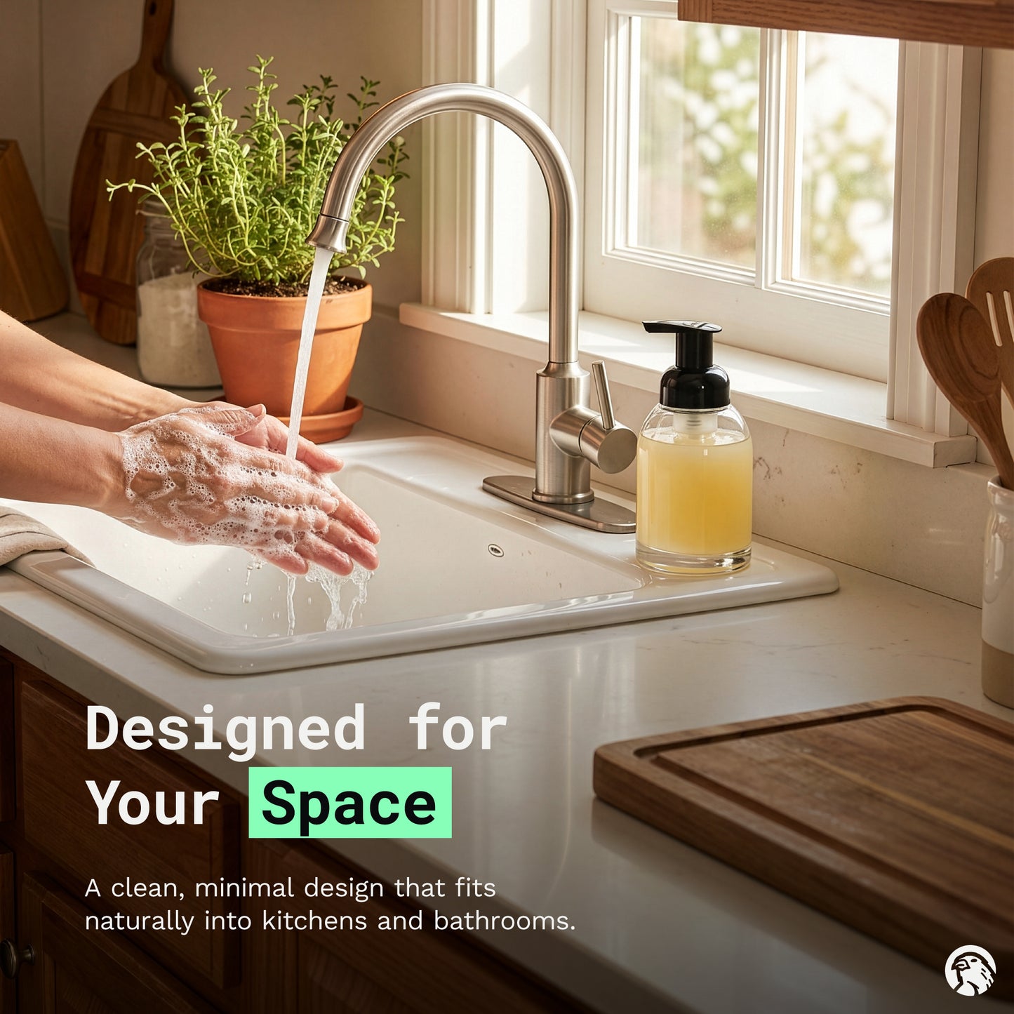 Canary Hand Soap bottle on sink with person washing hands. Text on screen about product designed for clean and minimal spaces.