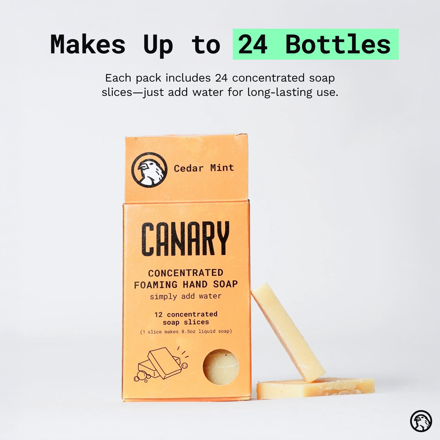 Canary Cedar Mint Concentrated Foaming Hand Soap with infographic about making up to 24 bottle of hand soap.