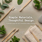 Image of canary plant based bamboo toothbrush with text on screen, "Simple Materials, Thoughtful Design"
