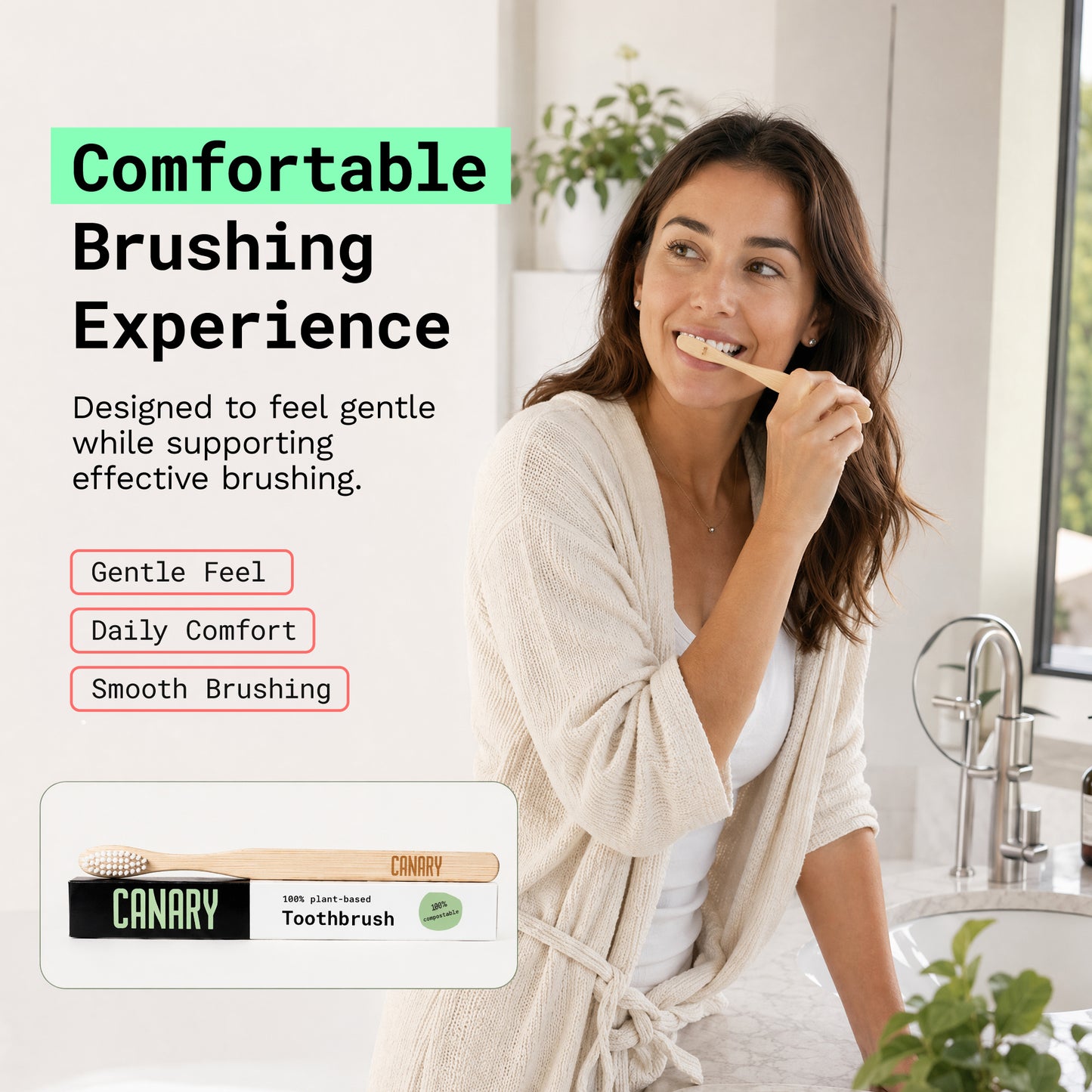 Image of woman brushing teeth with Canary plant based bamboo toothbrush. With benefits and products listed next to woman.