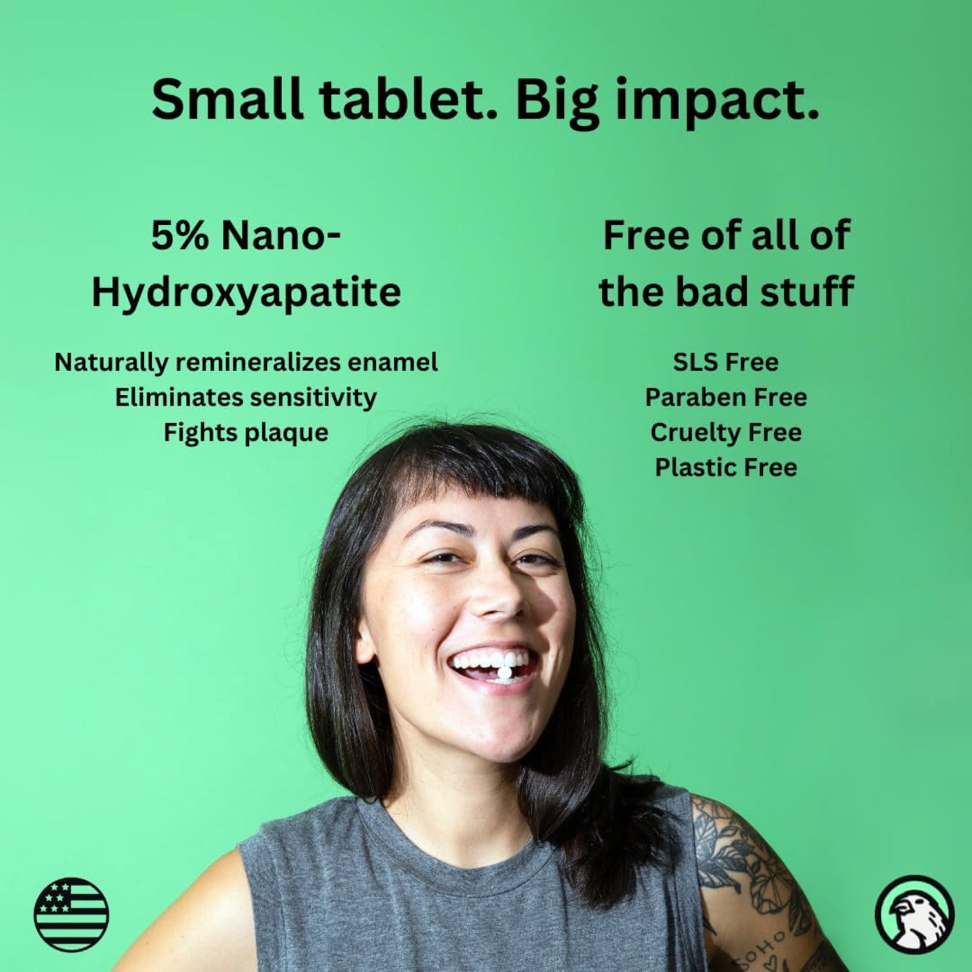 Image of Adult Women with Nano-Hydroxyapatite Toothpaste Tablet in mouth. Benefits of Nano-Hydroxyapatite in Toothpaste Tablets.