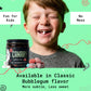 Image of boy with Canary Bubble Gum toothpaste tablet between his teeth. With text on screen highlighting benefits for children.