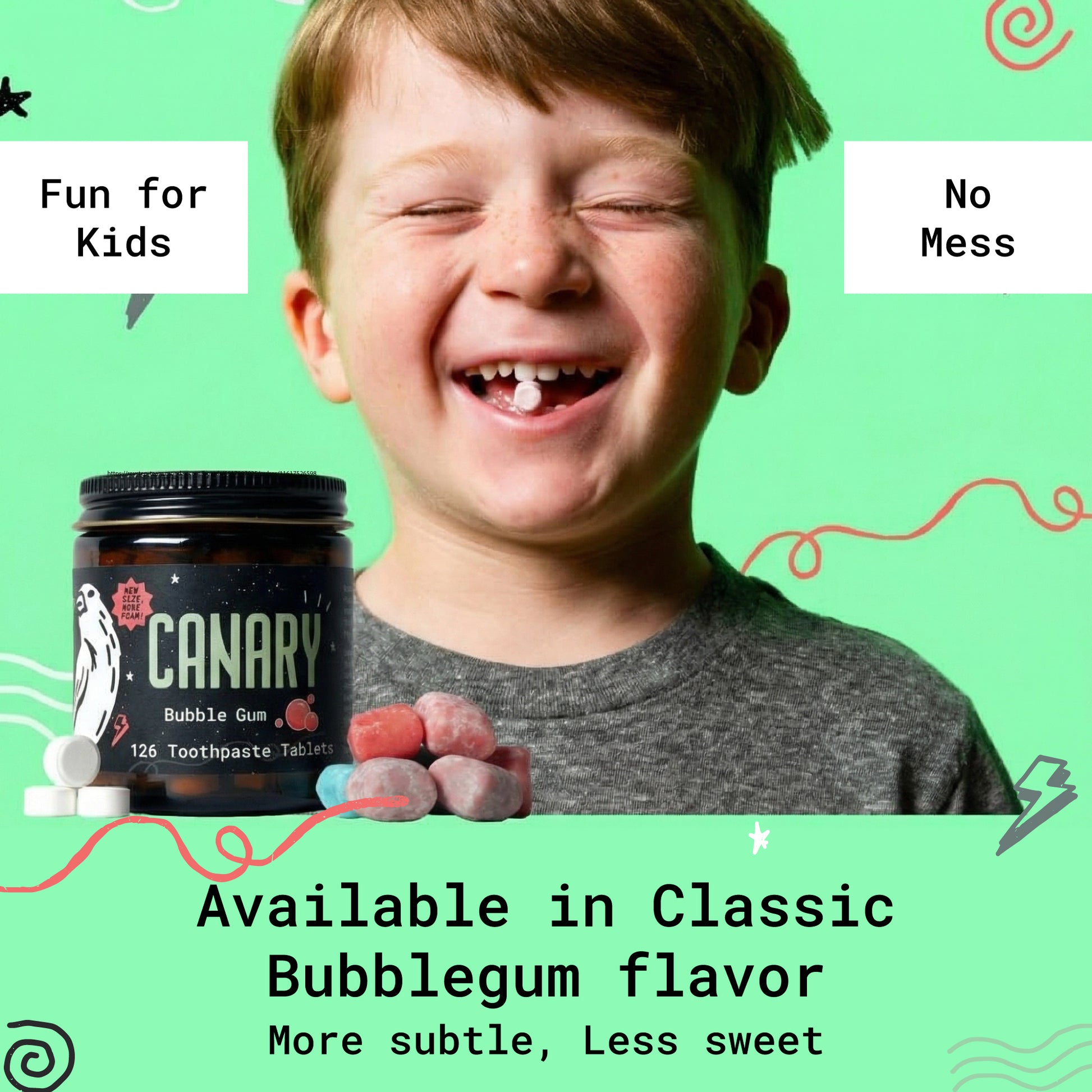 Image of boy with Canary Bubble Gum toothpaste tablet between his teeth. With text on screen highlighting benefits for children.