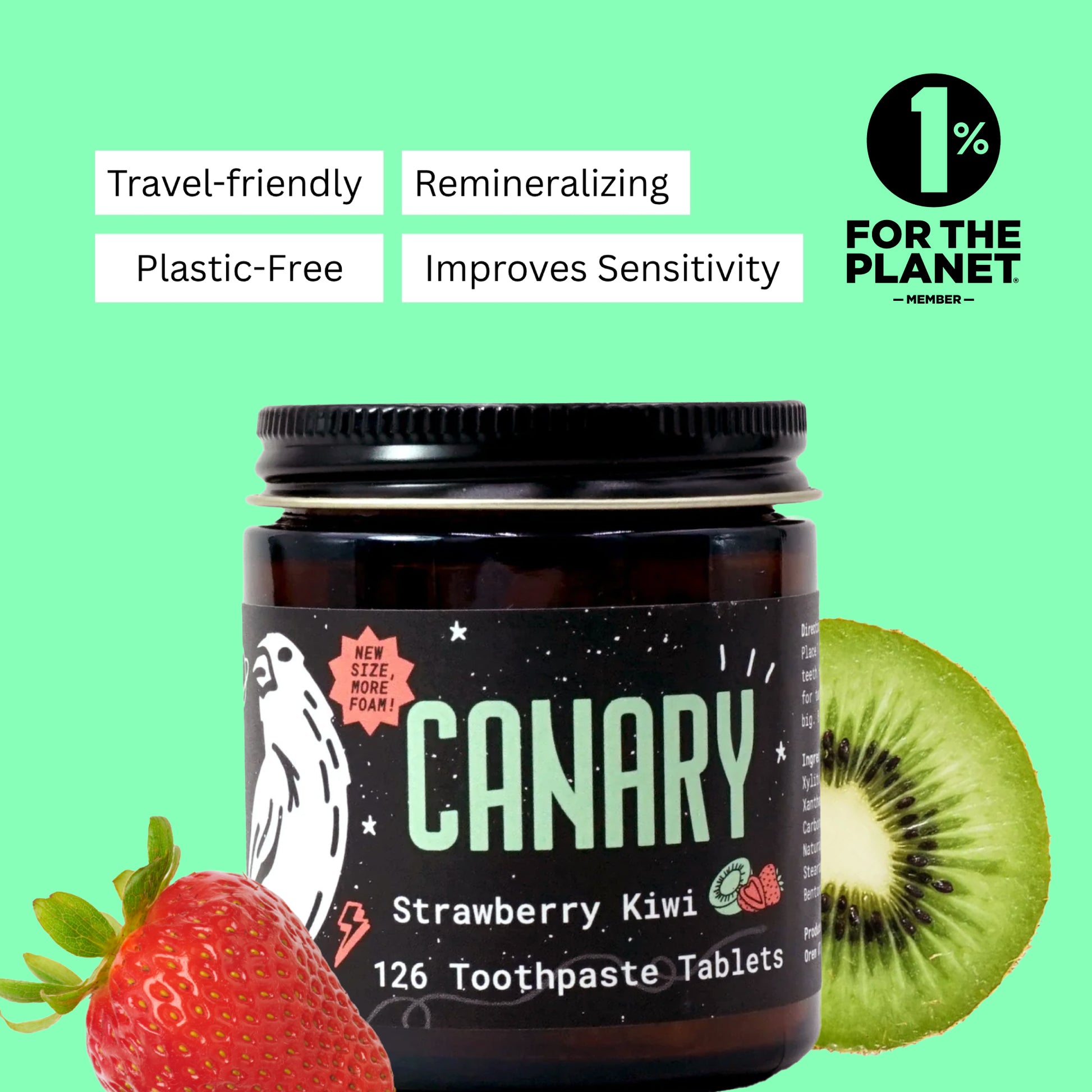 Image of Canary Strawberry Kiwi Toothpaste tablets with text highlighting benefits of product