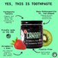 Image of Canary Strawberry Kiwi Toothpaste tablets jar with strawberry and kiwi next to jar. With text on screen highlighting eco-friendly benefits of canary toothpaste  tablets.