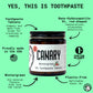 Image of Canary Wintergreen Toothpaste tablets jar. With text on screen highlighting eco-friendly benefits of canary toothpaste tablets and ingredients.