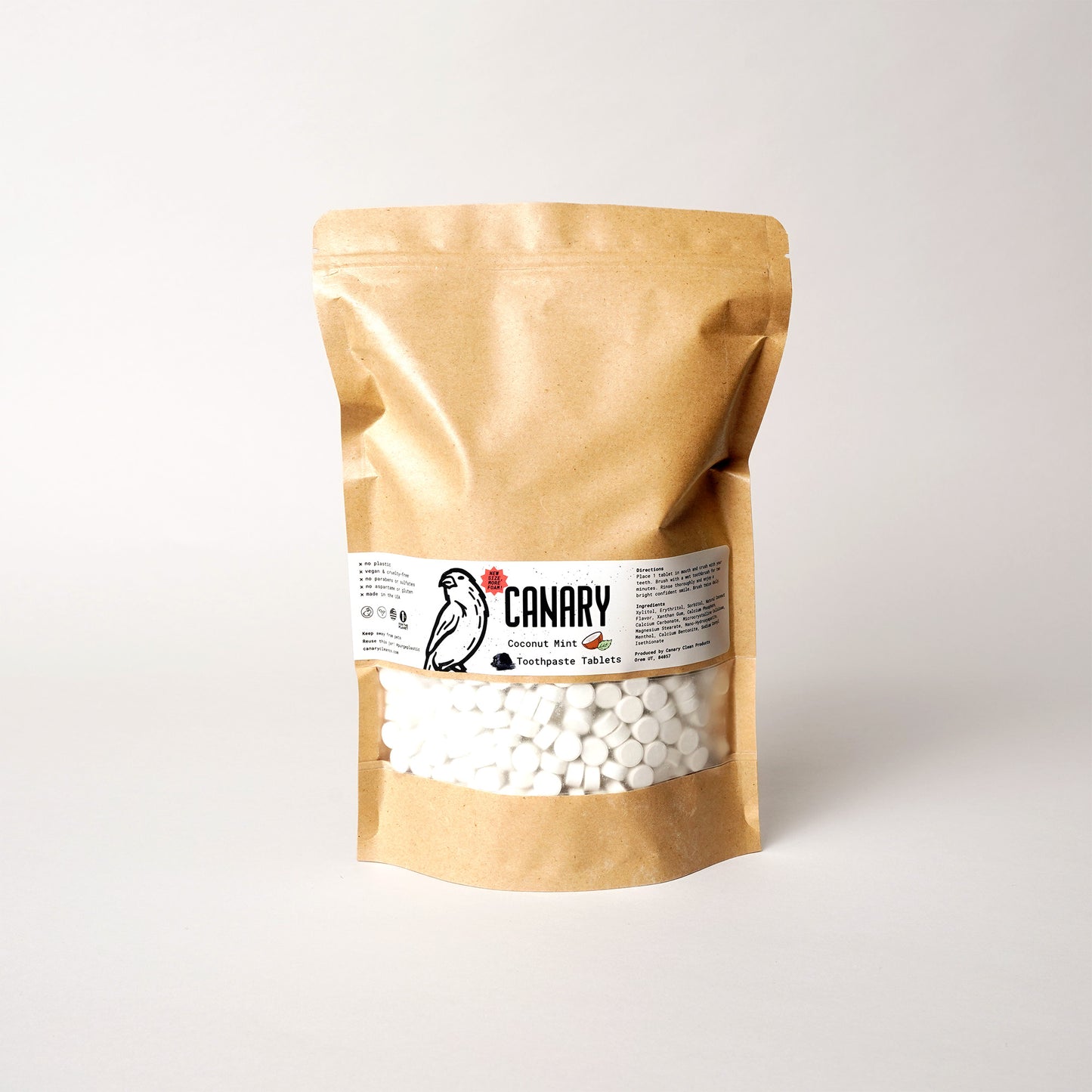 Canary bulk Coconut Mint toothpaste tablets in 2lb bags for wholesale, retail and refill stores.  