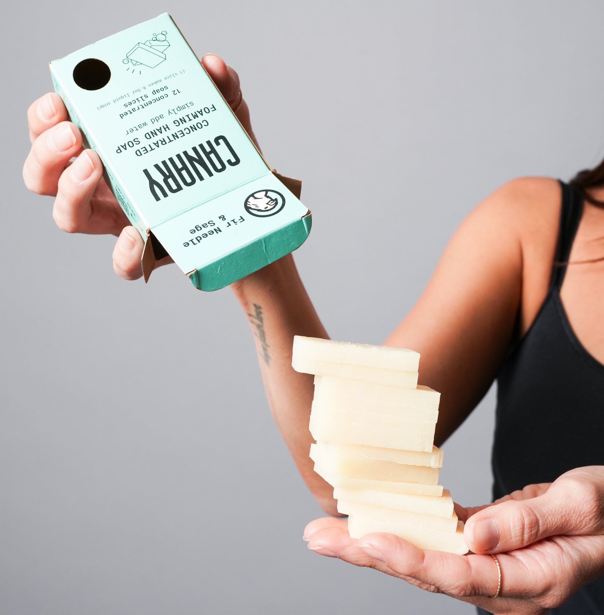 Fir Needle & Sage Concentrated Foaming Hand Soap. Brooke pouring out the 12 slices from the box. 12-count box. 