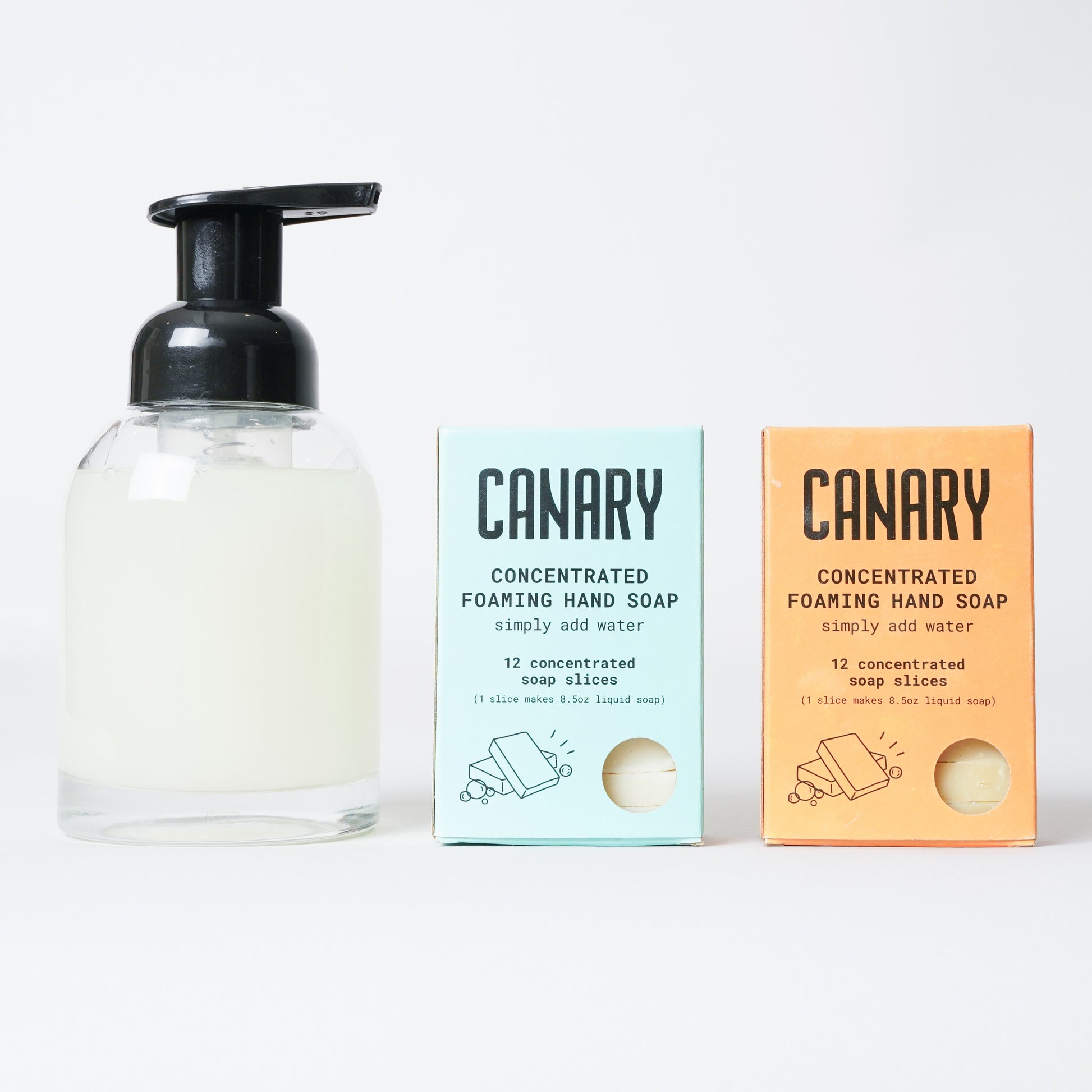 Both scents of Canary Concentrated Foaming Hand Soaps, and a bottle of the soap in use