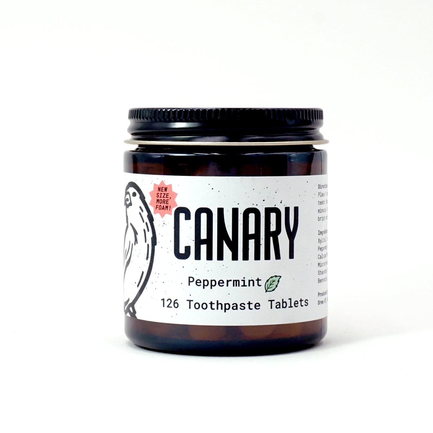 New and improved Canary Peppermint Toothpaste Tablets, 126 count jar, view of front of jar