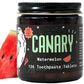 Close Up Image of Canary Watermelon Toothpaste tablets jar - 126 count. With a slice of watermelon in the background.