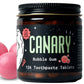 Close Up Image of Canary Bubble Gum Toothpaste tablets jar - 126 count. With pink bubble gum in the background.