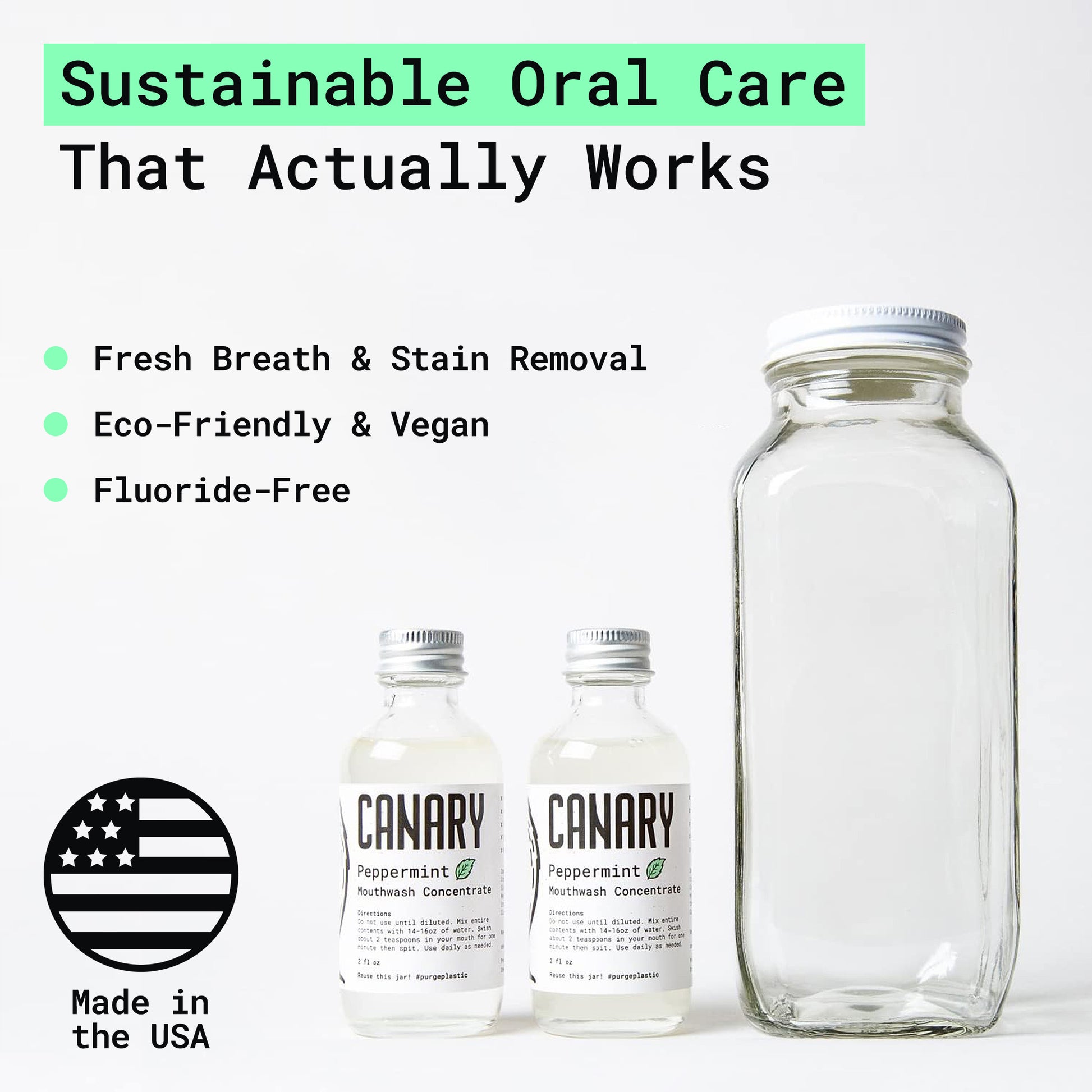 2 bottle of Canary Peppermint mouthwash concentrate, with eco-friendly benefits of product.