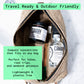 Travel toiletry bag with Canary Toothpaste tablets, mouthwash concentrate, and bamboo toothbrush. Text on screen with benefits for traveling.