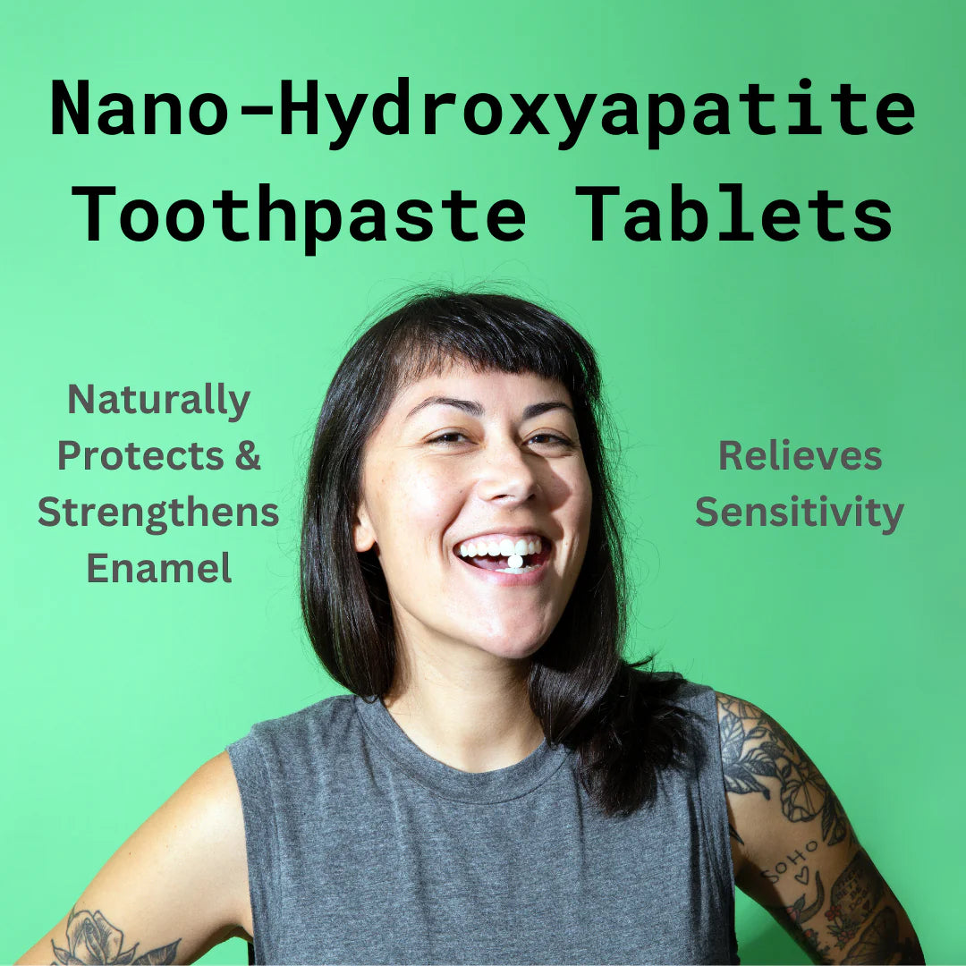 Image of Adult Women with Nano-Hydroxyapatite Toothpaste Tablet in mouth. Benefits of Nano-Hydroxyapatite in Toothpaste Tablets.