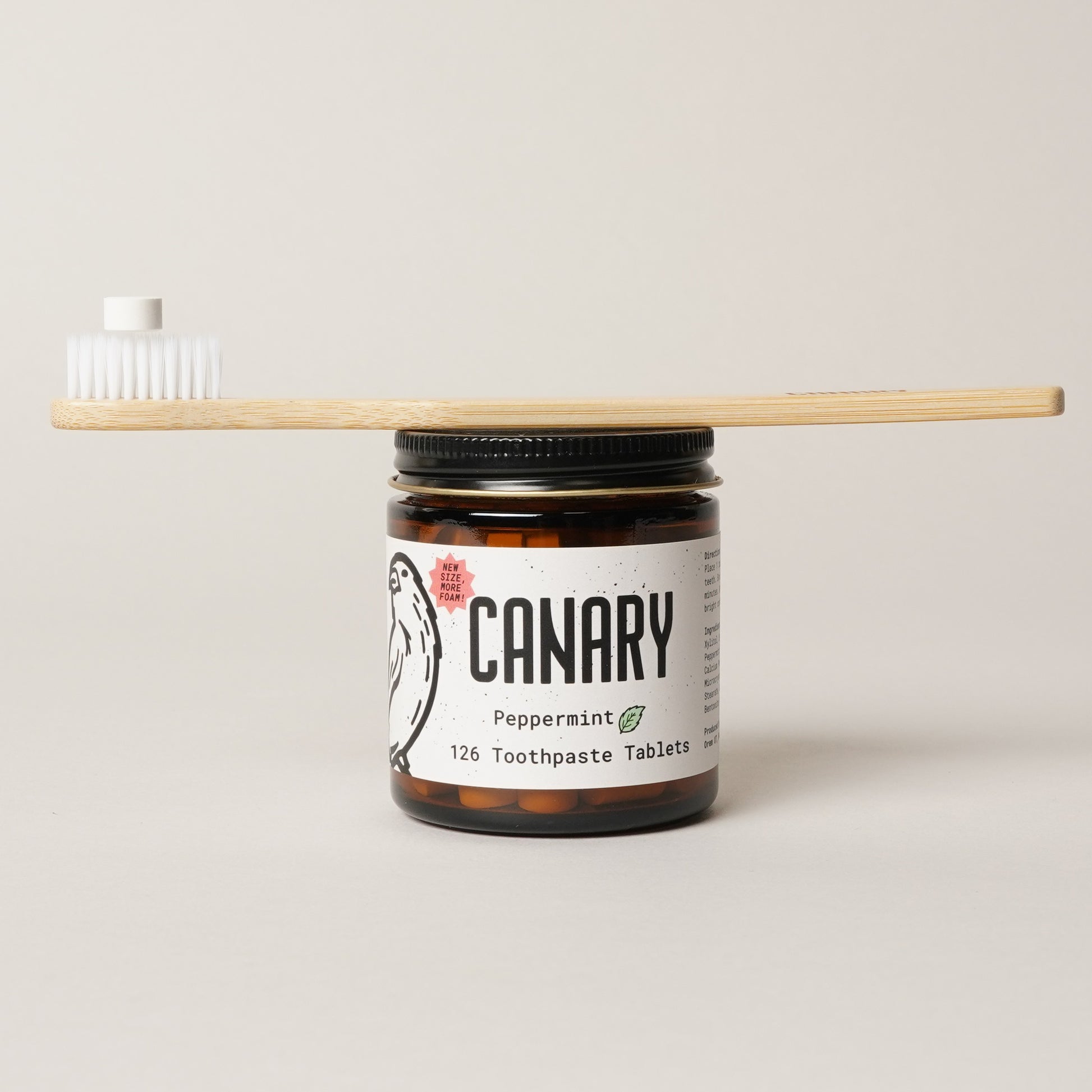 Canary Peppermint Toothpaste Tablets, 126 count, two-month supply jar with bamboo compostable toothbrush