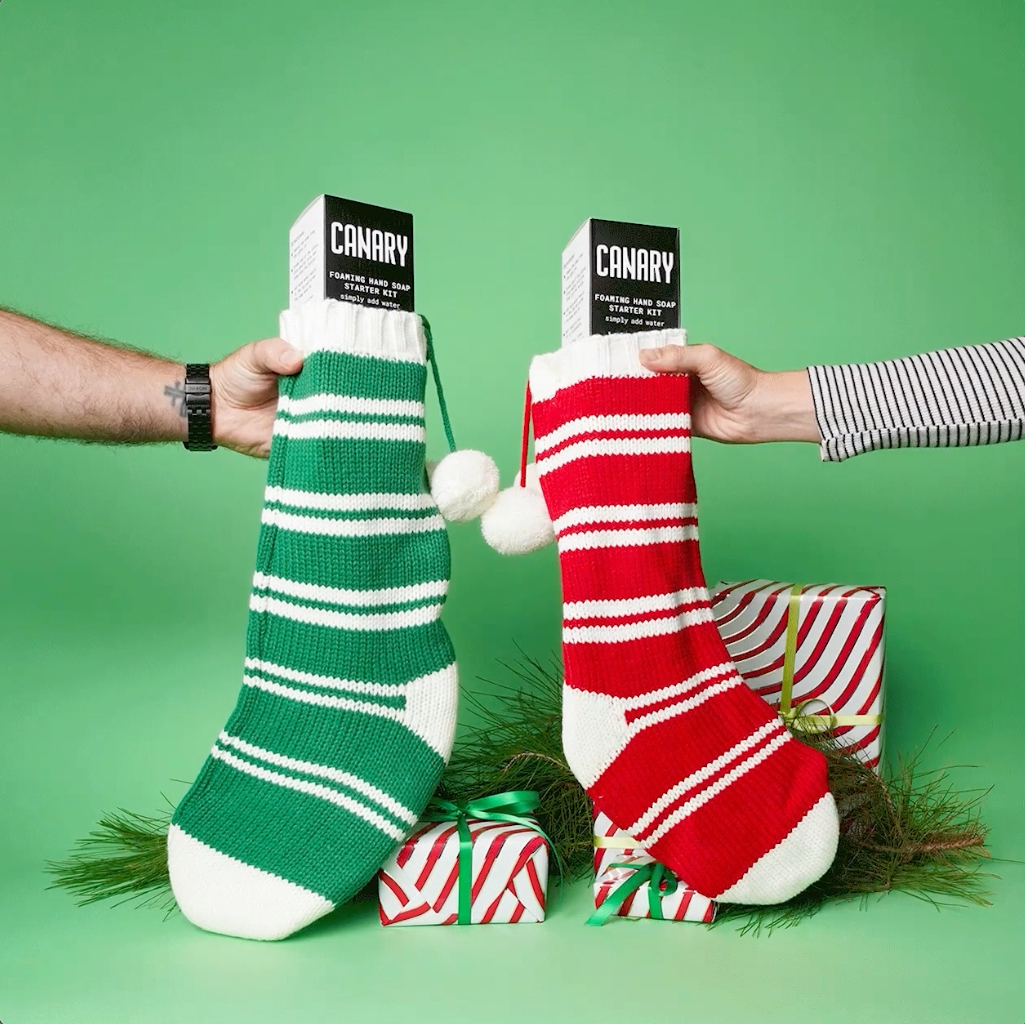 Foaming Hand Soap Starter Kit in Christmas Stocking with gifts.  Eco-friendly, Vegan, and Plastic-Free