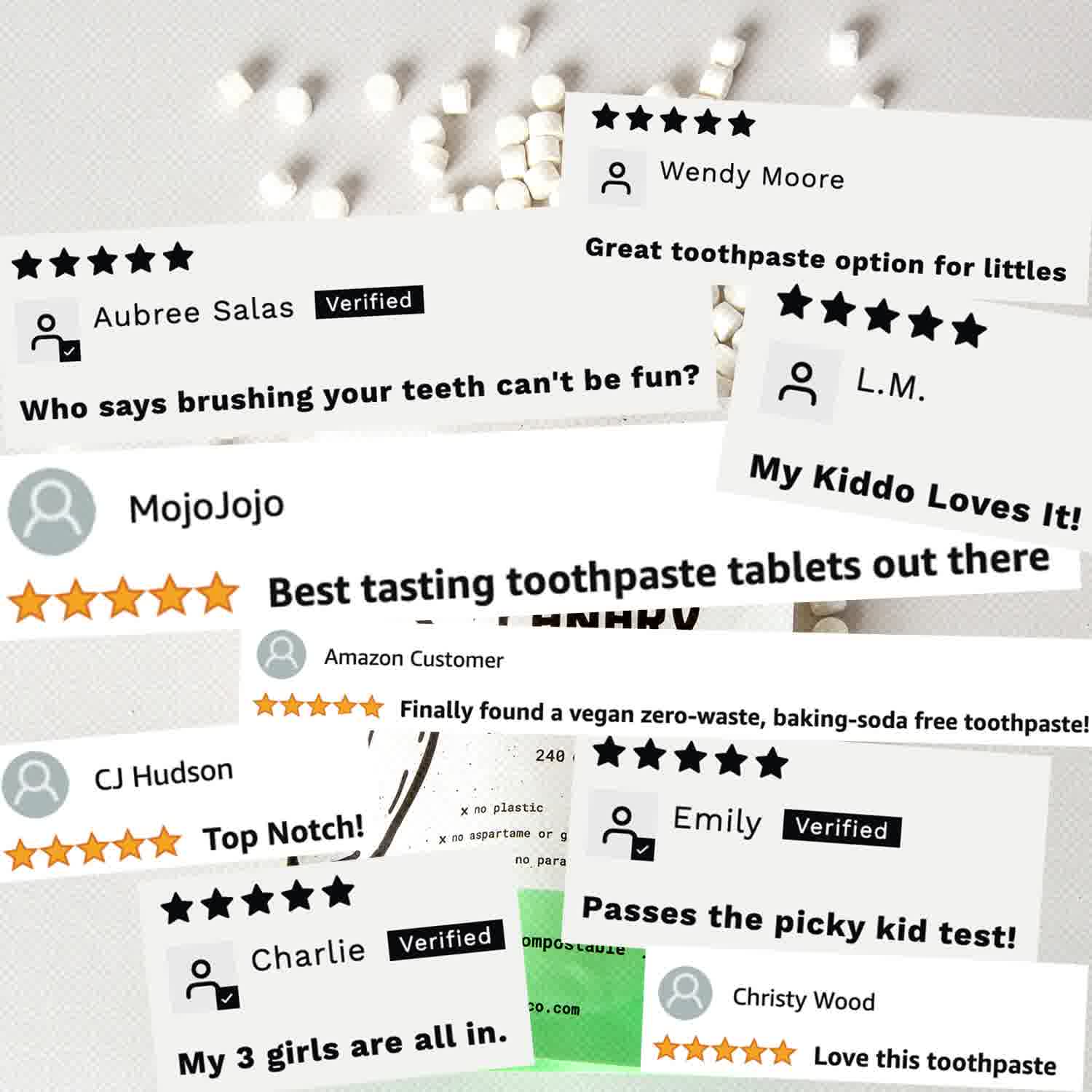 Collage of several of our reviews of our toothpaste tablets