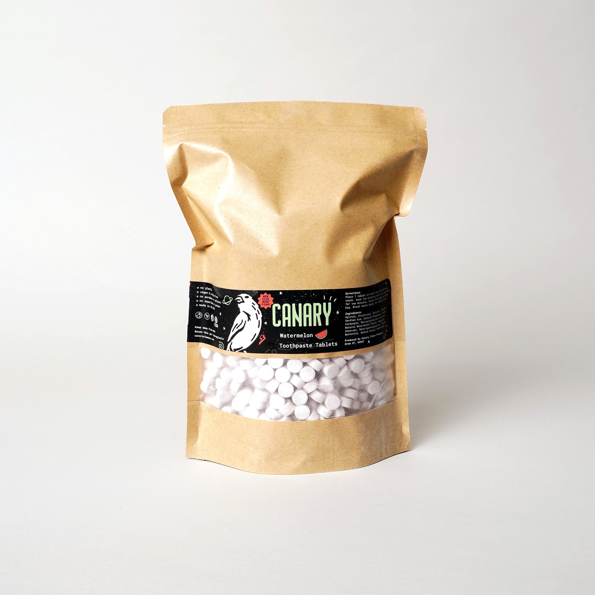 Canary bulk Watermelon toothpaste tablets in 2lb bags for wholesale, retail and refill stores.  