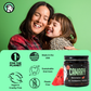 Image of Mom and Daughter with Canary toothpaste tablet between teeth. With text at bottom of image highlighting the benefits of Canary toothpaste tablets.