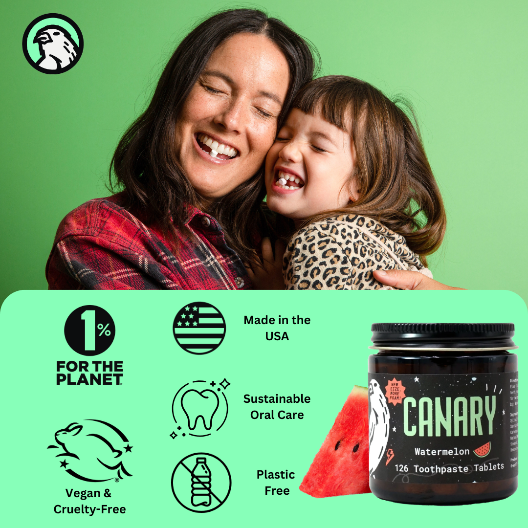 Image of Mom and Daughter with Canary toothpaste tablet between teeth. With text at bottom of image highlighting the benefits of Canary toothpaste tablets.