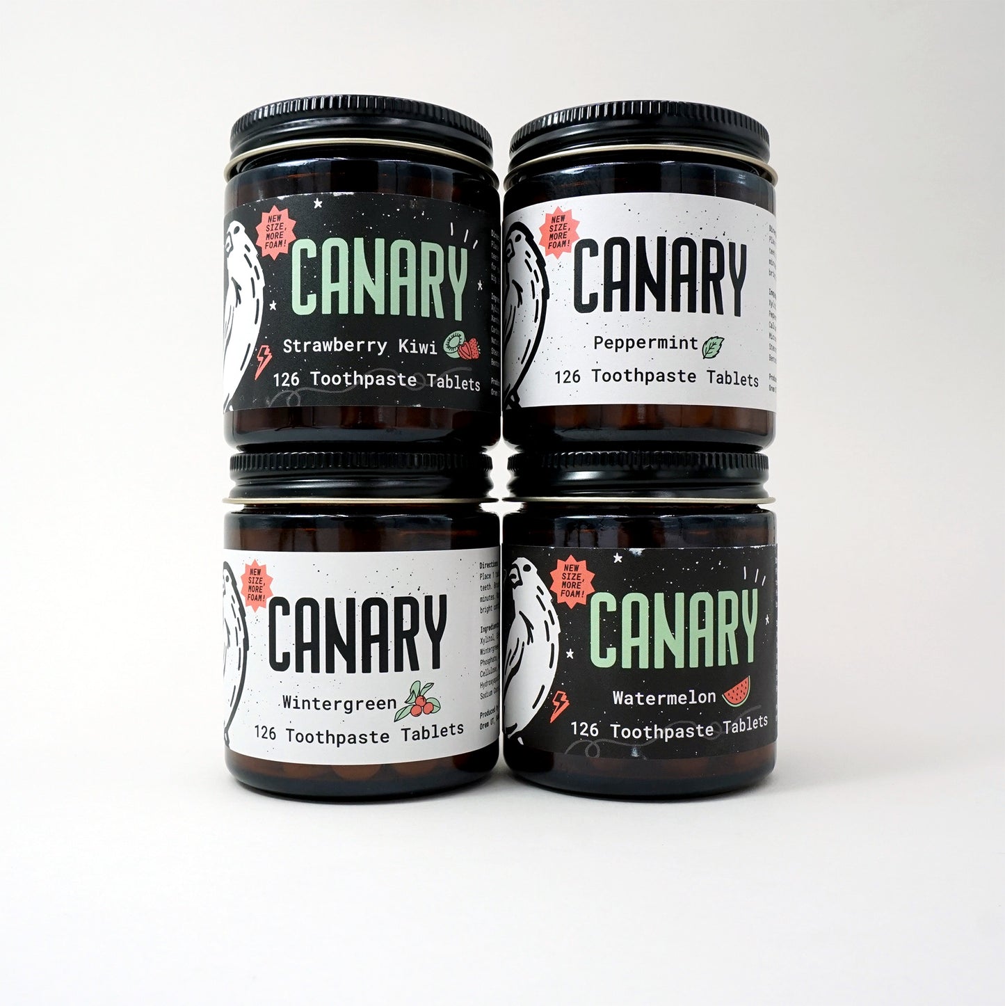 4 pack bundle of all four flavors in the new and improved formula, 126 count jars. Peppermint, Wintergreen, Watermelon and Strawberry Kiwi toothpaste tablets