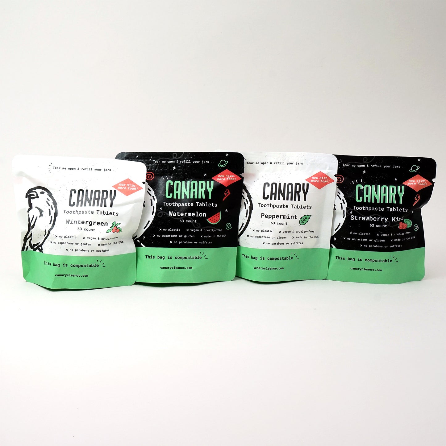 4 pack bundle of all four flavors in the new and improved formula, 63 count sample pouches. Peppermint, Wintergreen, Watermelon and Strawberry Kiwi toothpaste tablets