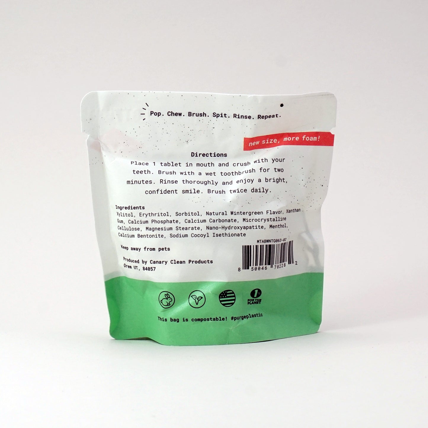 Canary Wintergreen Toothpaste Tablets, sample size 63 count compostable pouch, view of the back of the pouch with ingredients and directions.
