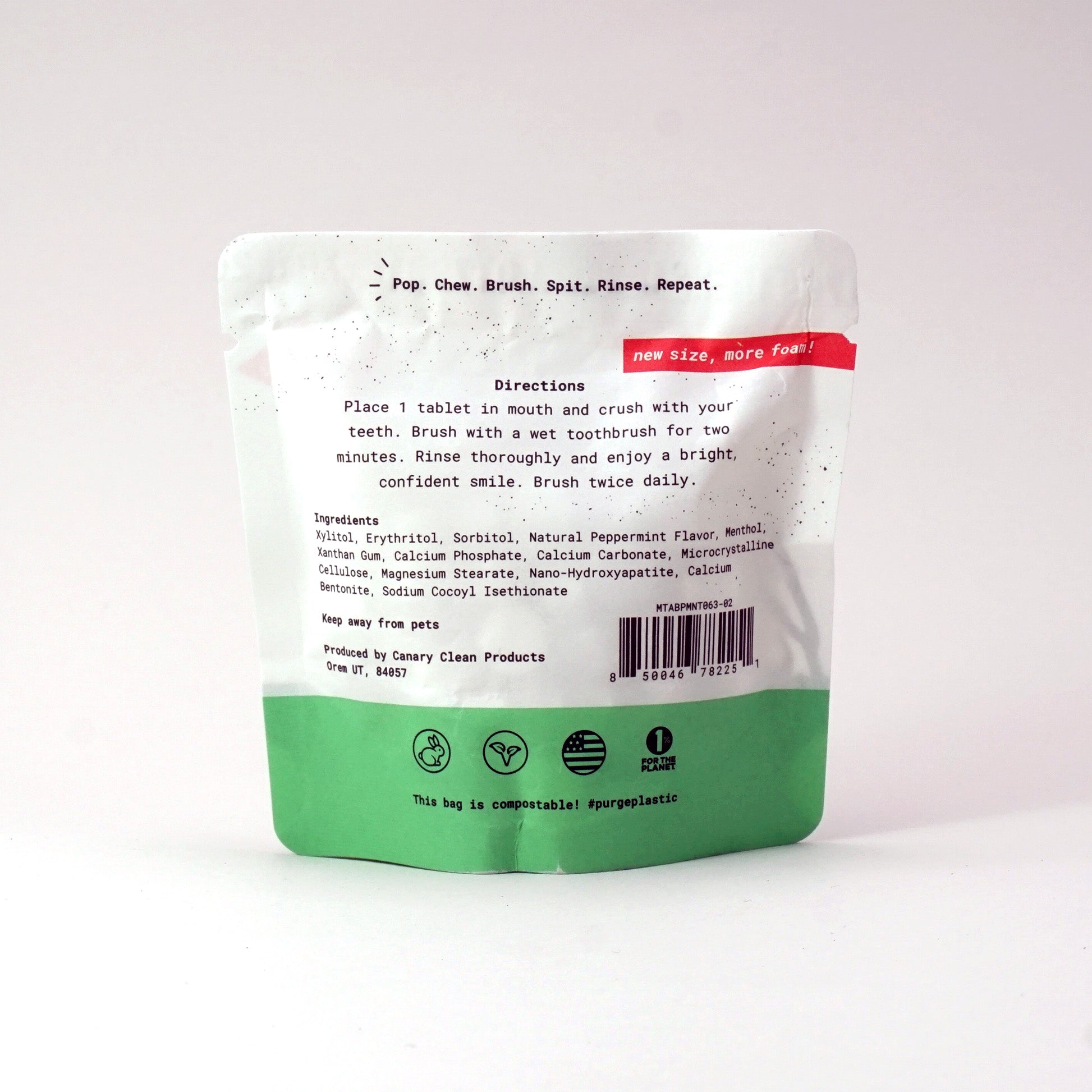 New and improved Canary Peppermint Toothpaste Tablets, back view of 63ct compostable pouch