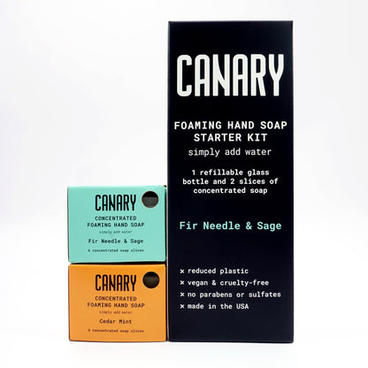 Image of Foaming Hand Soap Starter Kit box. With Fir Needle and Sage and Cedar Mint scents both 6 Soap Slices. Eco-friendly info on box.