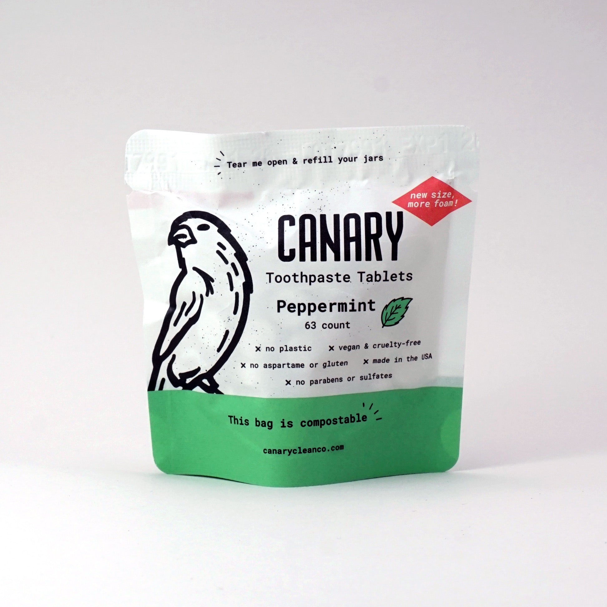 New and improved Canary Peppermint Toothpaste Tablets, front view of new 63ct compostable pouch