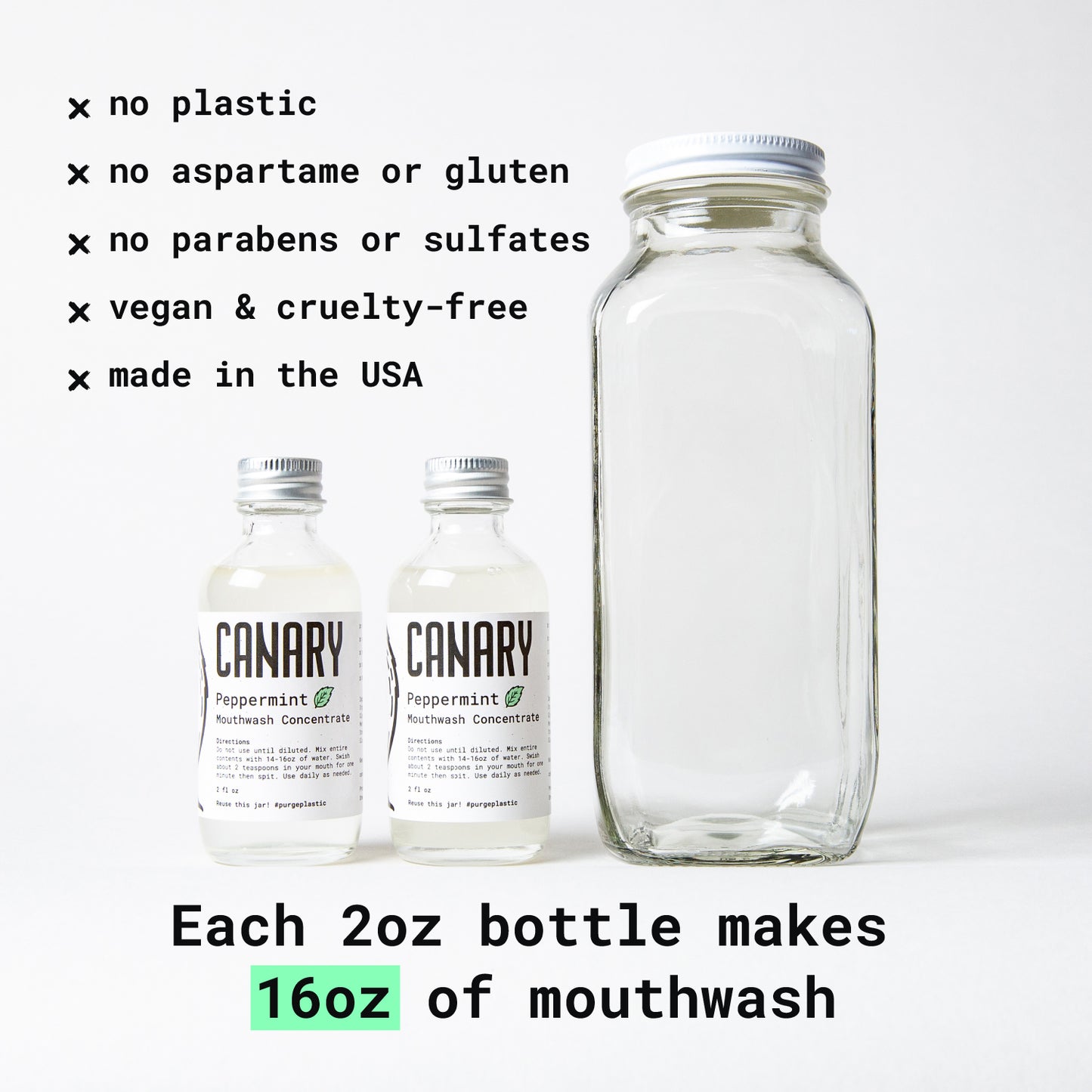 Canary Peppermint Mouthwash Starter Kit including 2 of the 2 ounce concentrate bottles and one reusable glass mixing bottle