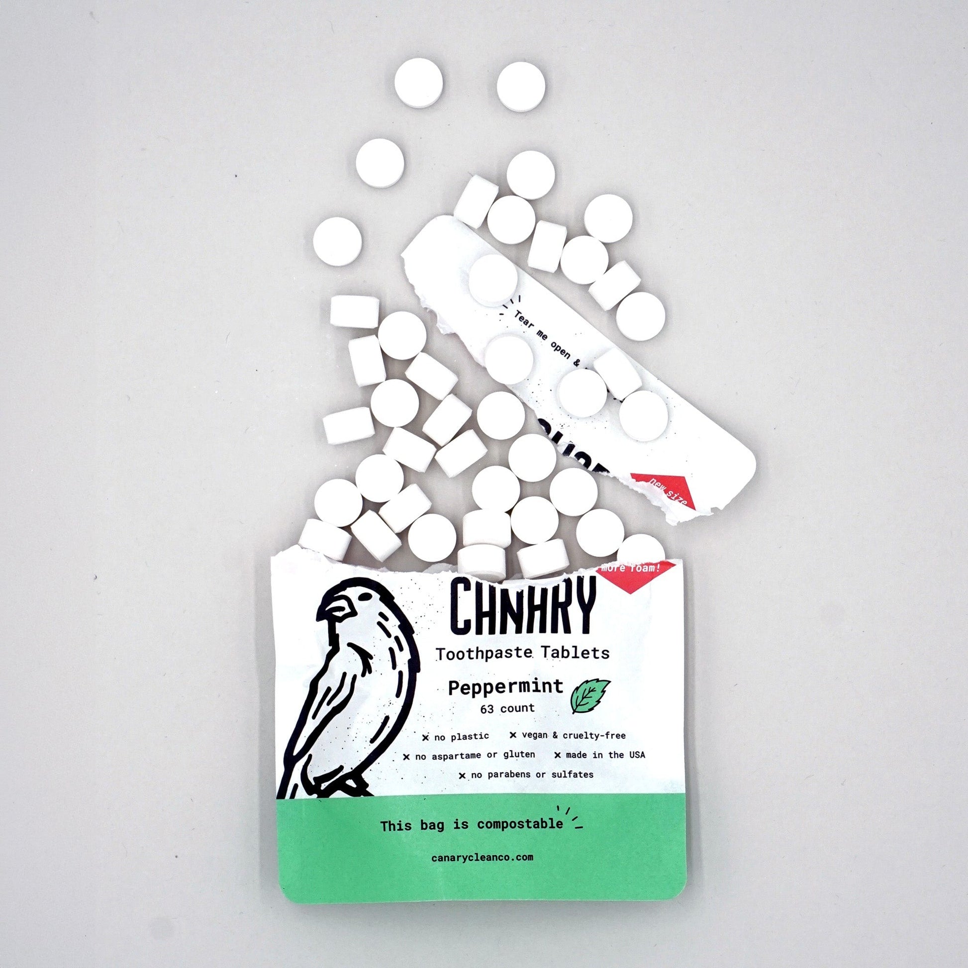 New and improved Canary Peppermint Toothpaste Tablets, spill of 63ct compostable pouch