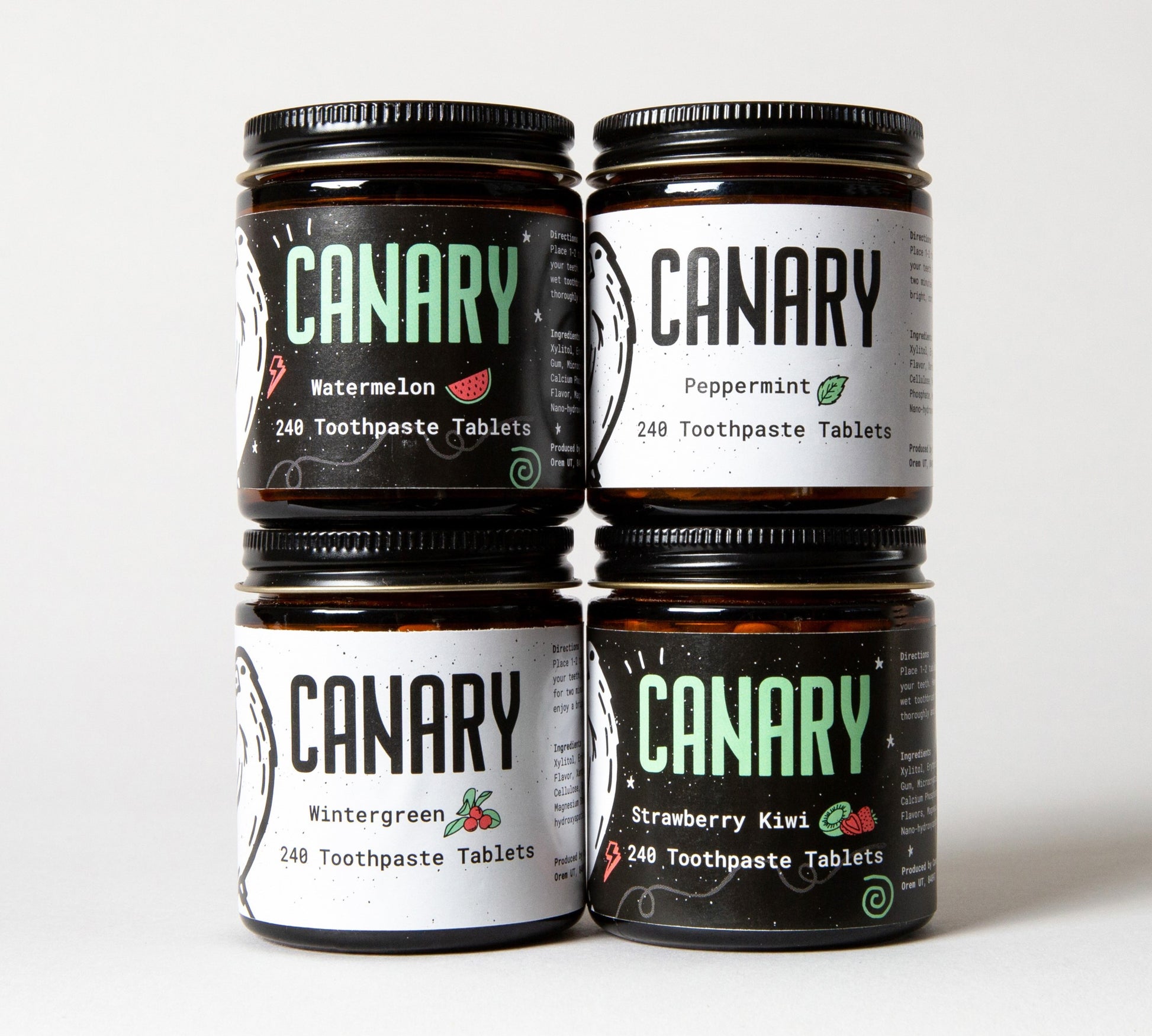 4 pack bundle of all four flavors, 240 count jars. Peppermint, Wintergreen, Watermelon and Strawberry Kiwi toothpaste tablets