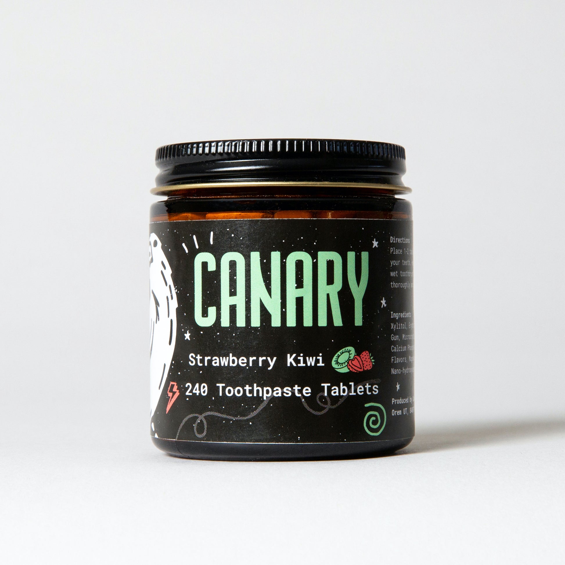 Front View of Strawberry Kiwi Toothpaste Tablets. 240-count. Plastic Free, Vegan, Eco-Friendly. Kid Friendly