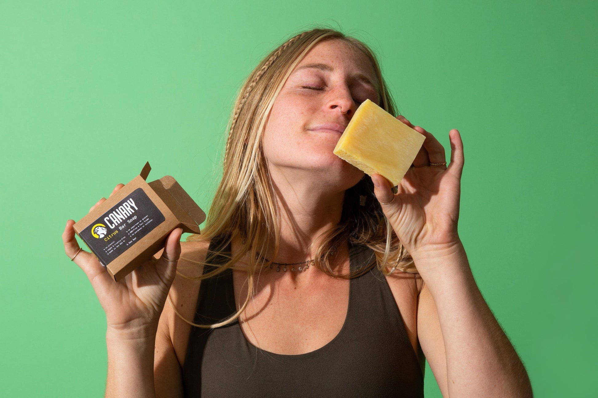 Tori smelling Canary Citrus Bar Soap