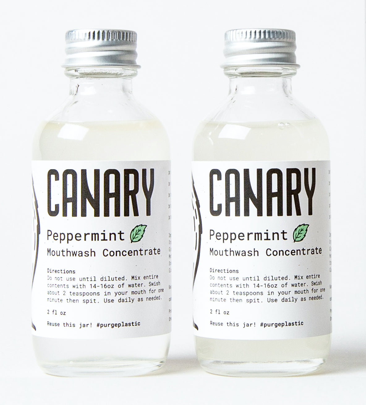 Canary Peppermint Mouthwash Concentrate 4 Month Refill Pack, containing 2 of the 2 fluid ounce concentrate jars