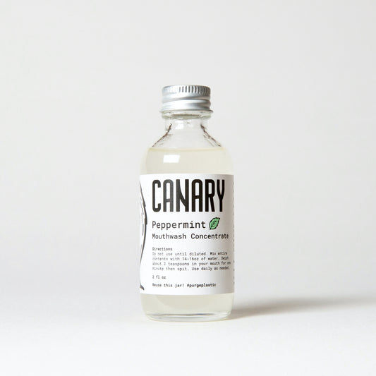 Canary Peppermint Mouthwash Concentrate, view of front of 2 fluid ounce jar