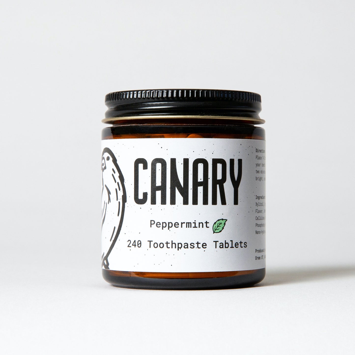 Canary  Peppermint Toothpaste Tablets, 240 count jar, view of front of jar
